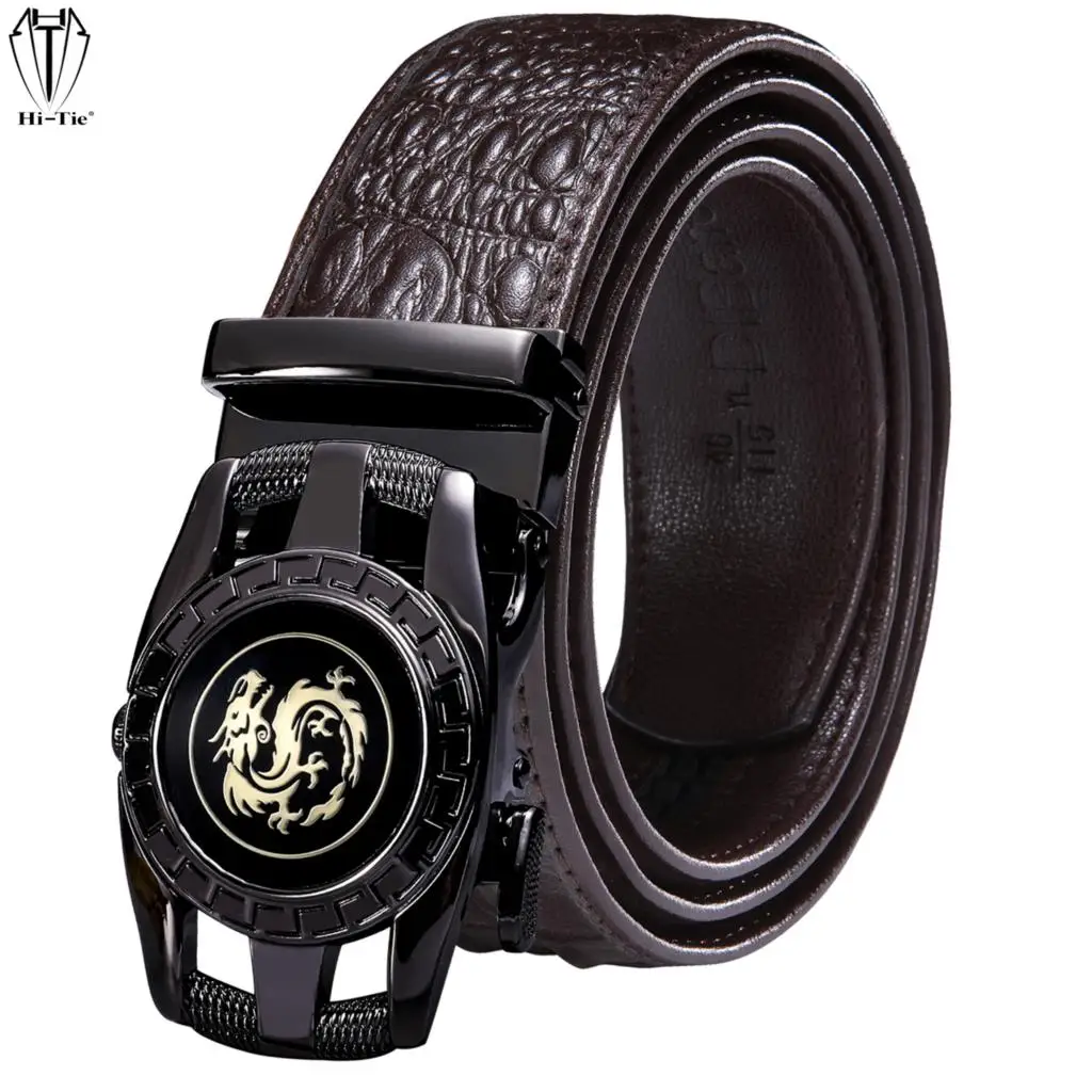 

Hi-Tie Designer Brown Crocodile Pattern Leather Mens Belts Automatic Buckle Ratchet Waistband Belt for Men Dress Jeans Cowboy XL