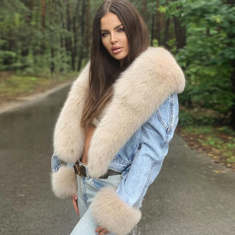 BFFUR Real Fur Coats Women Winter 2022 New Denim Jacket With Big Fox Fur Trun-down Collar Overcoats Luxury Natural Fur Outwear