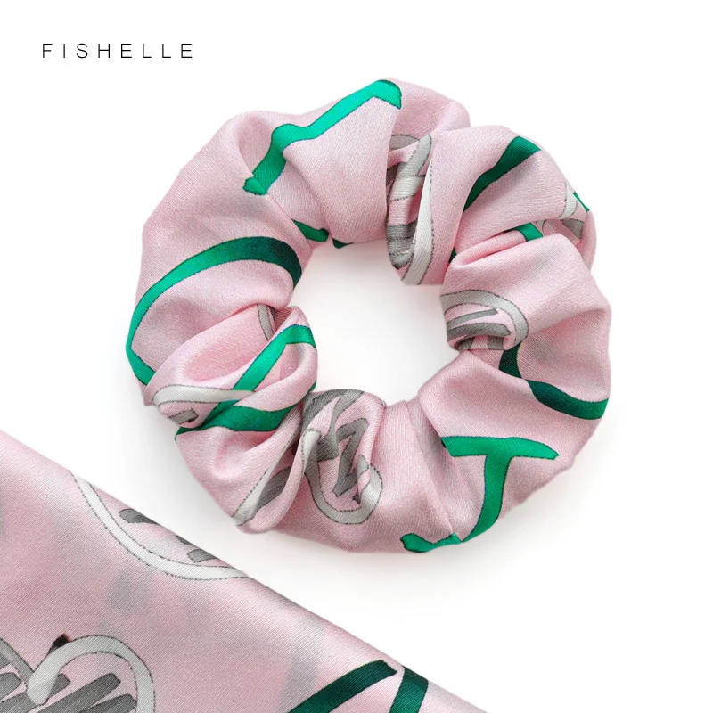 

Pink pure silk hair bands for women letter print scrunchies designer elastic hair band soft lovely hair accessories girls 19MM