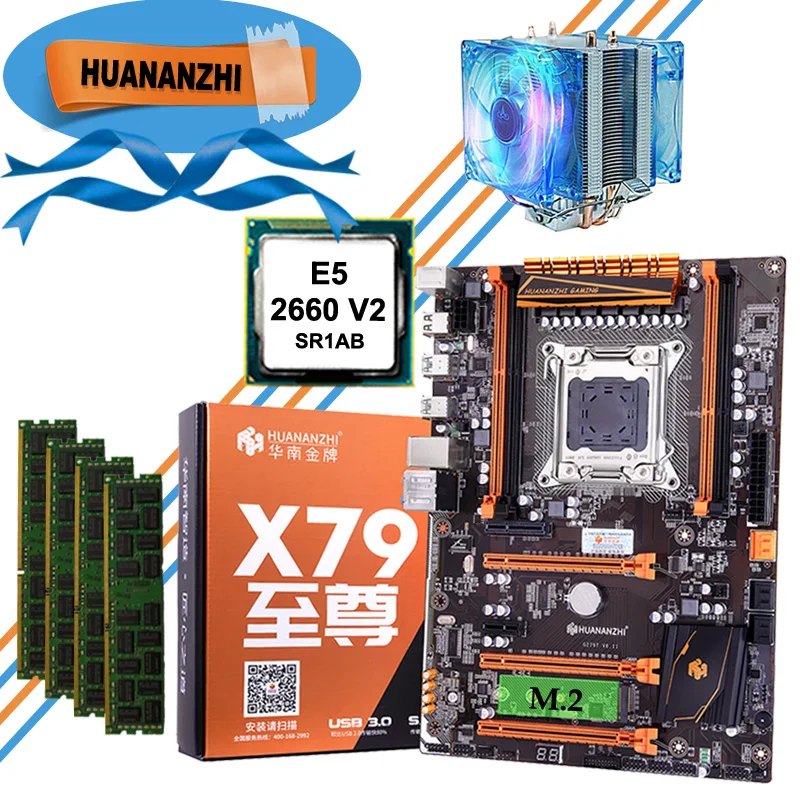 Игровая материнская плата HUANANZHI X79 Deluxe с M.2 NVMe SSD слот ЦП Xeon E5 2660 V2 кулер большой