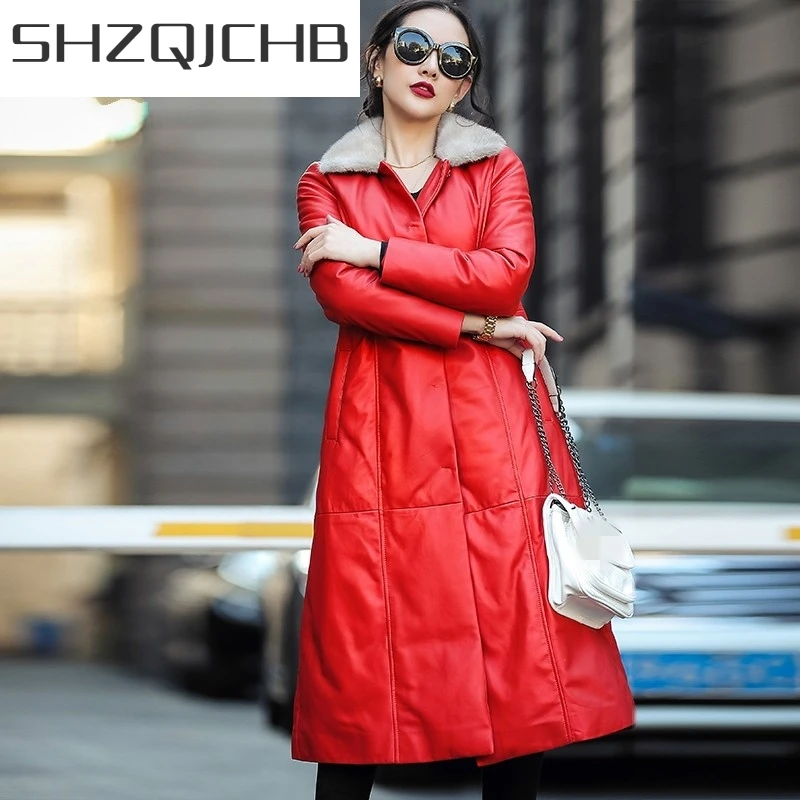

JCHB 2021 Brand Mink Fur Collar Down Jacket Women Elegant Belt Slim Genuine Leather Overcoat Winter New Office Lady Sheepskin Do