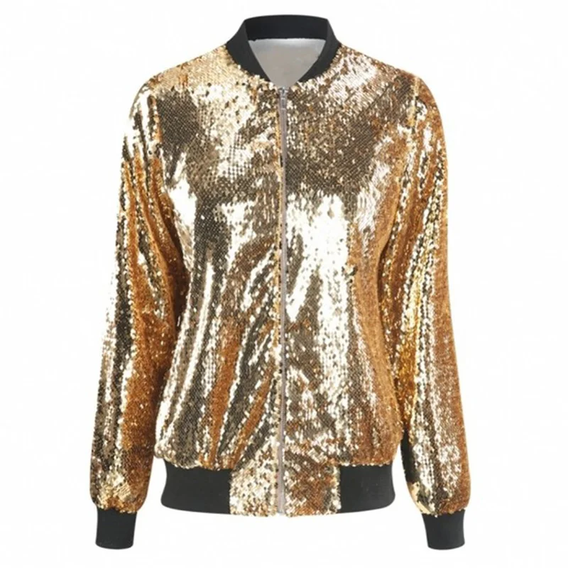 

2021 New Coat Women's Shiny Zipper Sequins Long-Sleeved Round Neck Casual Jacket Coat Fashion Autumn And Winter CLCEY JW31