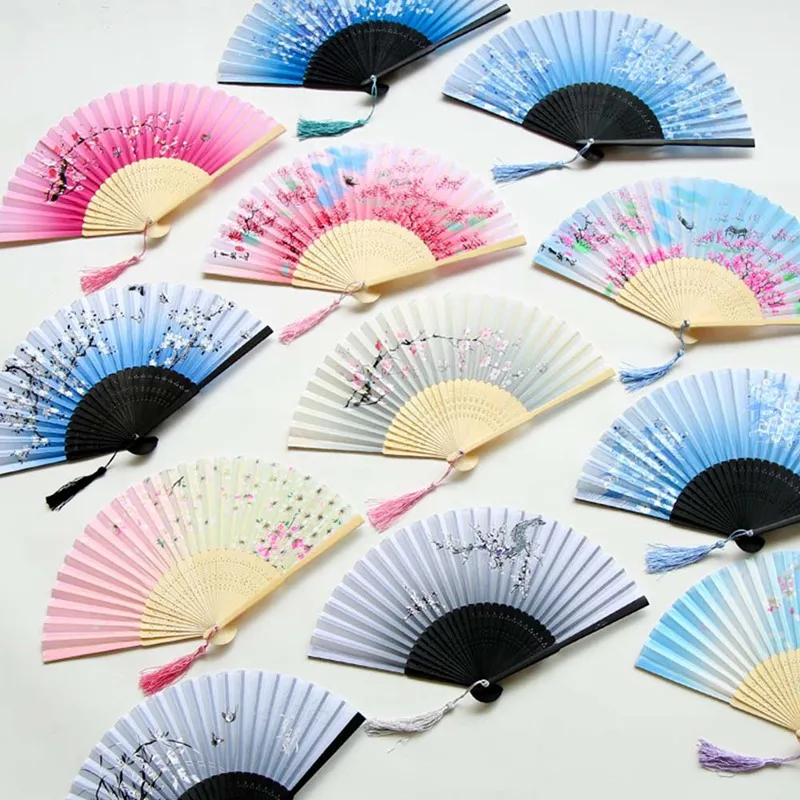 

Chinese Japanese Folding Fan Wooden Shank Classical Dance Fan High Quality Tassel Elegent Female Fan