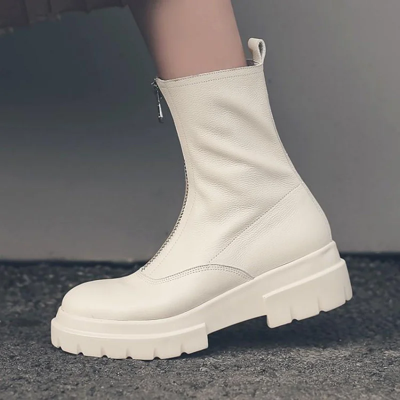 

Front zipper boots women's 2020 autumn winter muffin thick soled short boots middle heel white leather middle barrel