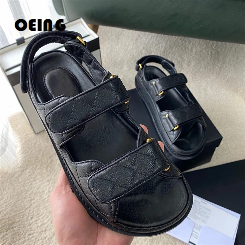 

Summer Women Quilted Leather Flat Heel Sandals Female Platform Beach Dad Shoes Comfort Block Retro Gladiator Sandalias Mujer