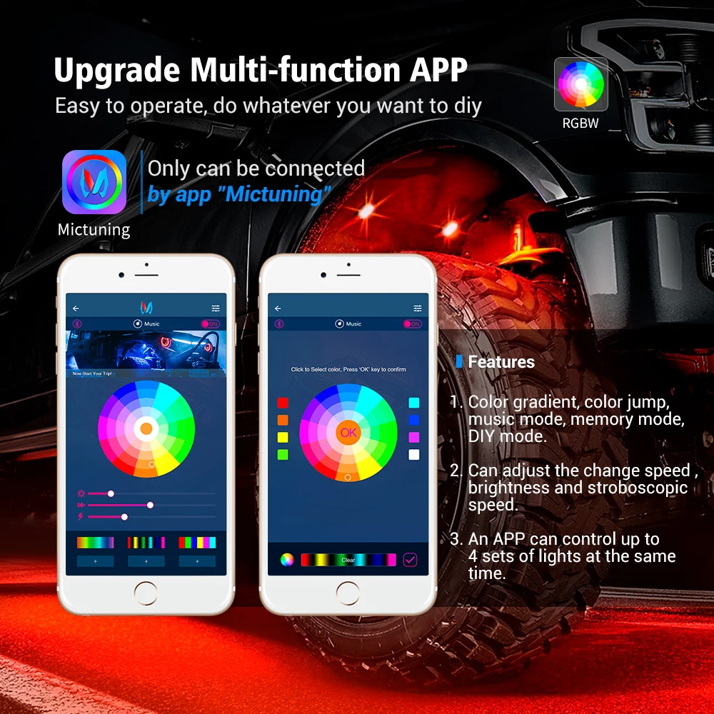 MICTUNING Модернизированные 8-капельные светодиодные рок-фонари RGBW многоцветная