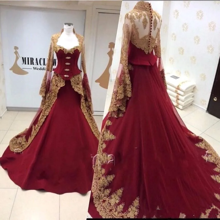

Великолепные золотистые кружевные вечерние платья с аппликацией бордового цвета с длинным рукавом Ближний Восток