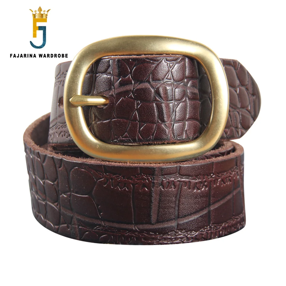 FAJARINA 2020 Top Quality Cowhide Men's Unique Design Personality Striped Cowskin Brass Pin Buckle Metal Belts for Men N17FJ907