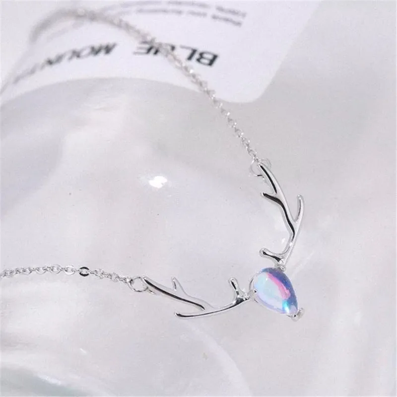 

POFUNUO 925 Silver Women Delicate Moon Stone Elk Deer Chokers Girls Exquisite Curb Chain Sweater Chokers Niche Jewelry Necklaces
