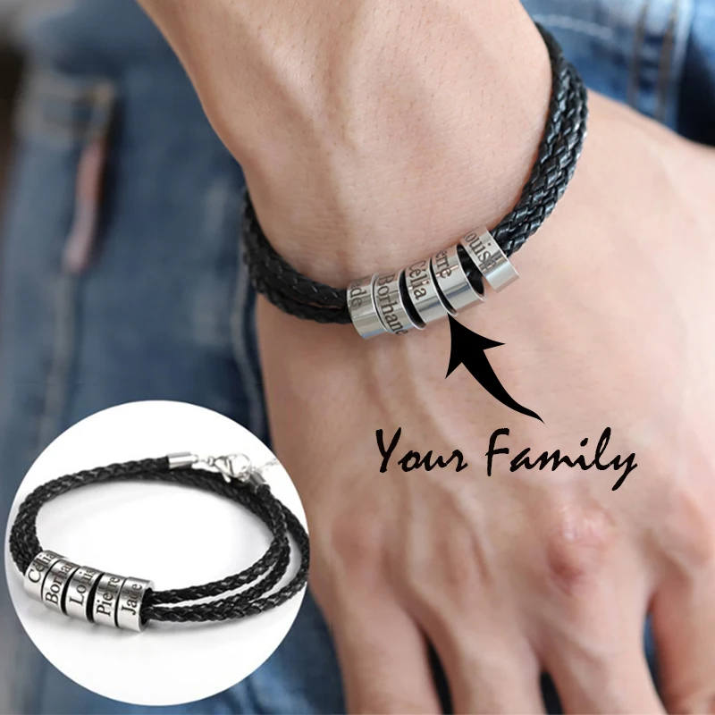 Customized Stainless Steel Charm Bracelets Genuine Leather Braided Rope Men Bracelet Personlized With 1-5 Names Beads Jewelry