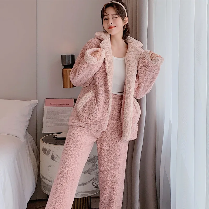 

Woman Winter Warm Blue Pajama 2Pcs Set Ladies Pyjamas Flannel Sleepwear Pijamas Mujer New Home Clothes