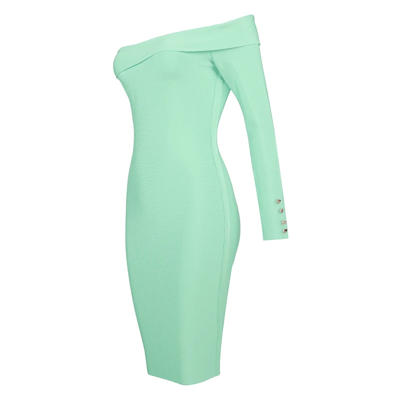 

2020 New Women Elegant fluorescent green One-Shoulder long sleeve Vestido Celebrity Evening Party Bodycon Bandage Dresses