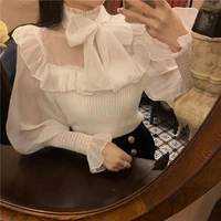 temperament elegant shirt patchwork knitted blouses women stand neck lace up bow tops sweet ruffles loose blusas mujer