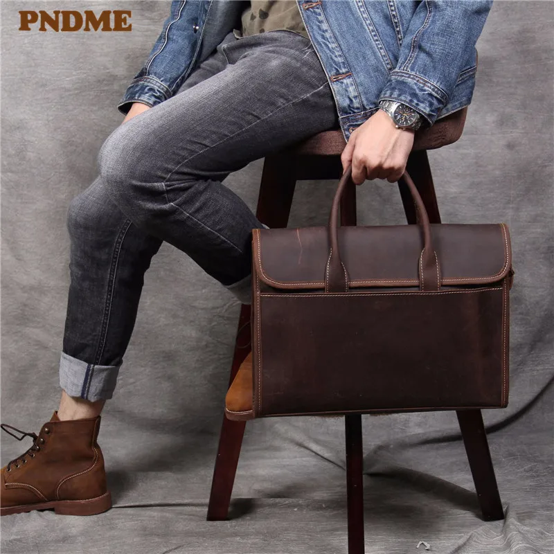 PNDME designer handmade genuine leather men's briefcase simple retro luxury crazy horse cowhide business computer bag handbags