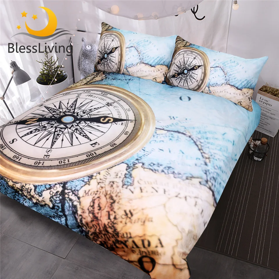 

BlessLiving World Map Bedding Set 3D Compass Printed Duvet Cover Set Blue Brown 3-Piece Home Textiles Vvid Stylish Bedclothes