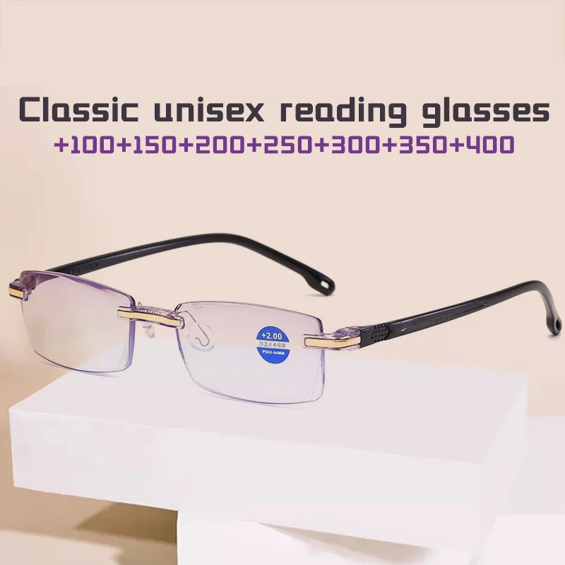 

Women Frameless Square Reading Glasses Men Women's Anti Blue Light Computer Eyeglasses Far Sight Presbyopia Reader Glasses