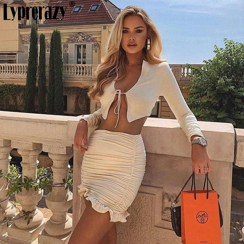 

Lyprerazy Two Piece Set Summer Casual Party Club Dress Women Long Sleeve Bandage V-neck Sexy Cardigan Bodycon Mini Dresses