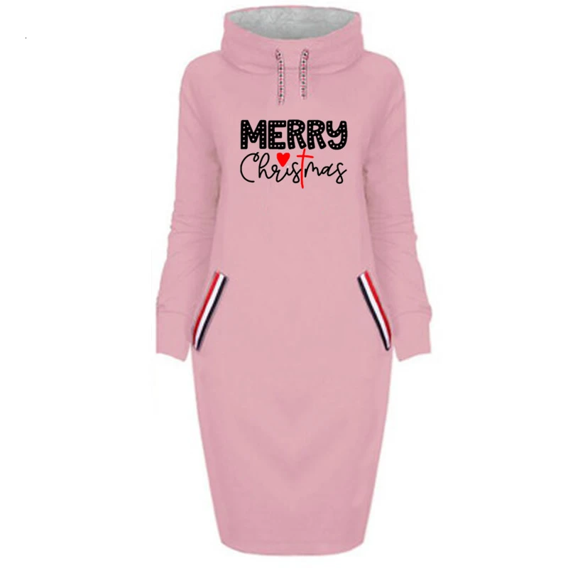 

Long High Collar Dress Merry Christmas Letters Print Hoodies For Women Hoodies Kawaii Sweatshirts Women Print Cute