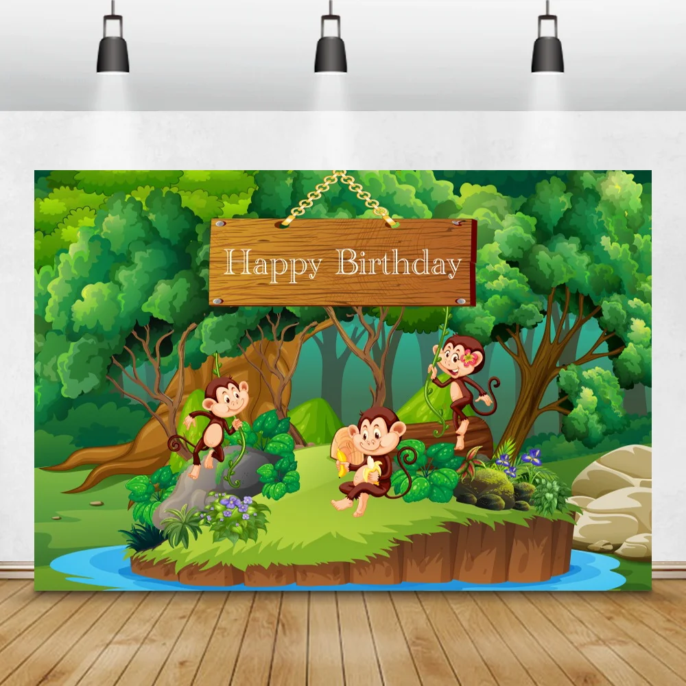 

Jungle Monkey Safari Party Child Happy Birthday Photography Backdrop Green Forest Cartoon Animals Baby Shower Photo Background