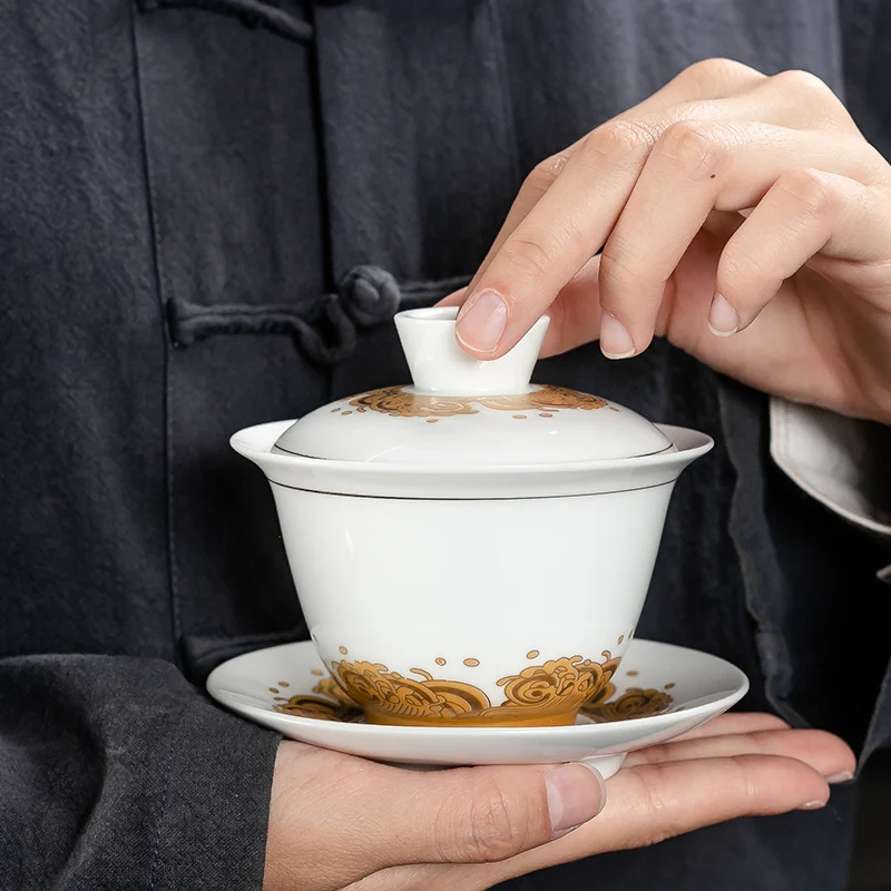 Белый фарфор Dehua Gaiwan Большая Керамическая синяя и белая чаша с крышкой одинарная