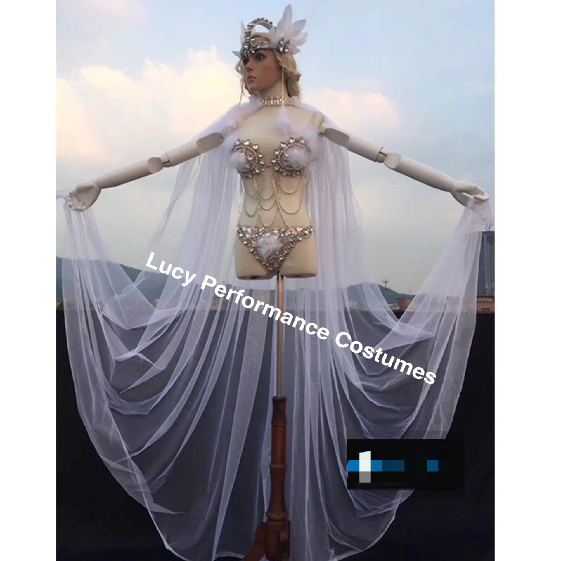 

white mesh shawl Sexy bikini Nightclub Female singer Stage costumes Bar Prom jazz DJ performance bikini set dance Costume
