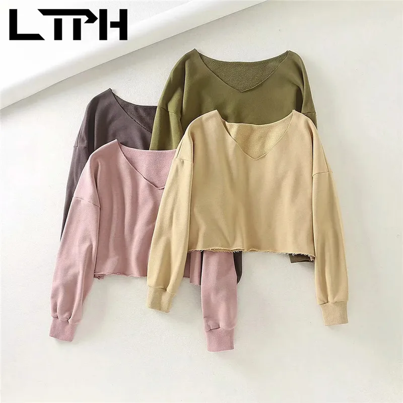 

LTPH V-Neck womens sweatshirts loose pullovers short Burrs sweatshirt casual all-match solid long sleeve tops 2021 autumn new