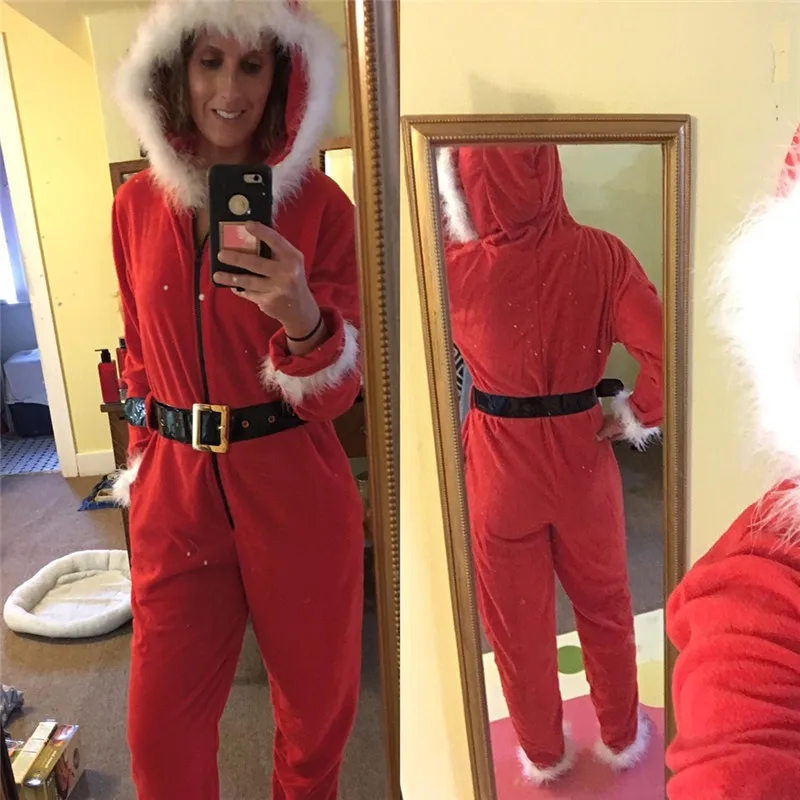 Men Women Christmas Plush Jumpsuit Santa Pajamas with Belt Adult Santa Claus Winter Warm Velvet Hooded Romper Xmas Pajamas