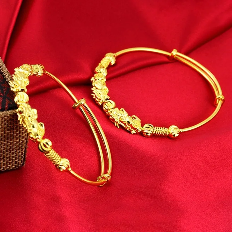 Двойной Pixiu Золотой богатство браслет ретро этнический стиль регулируемый