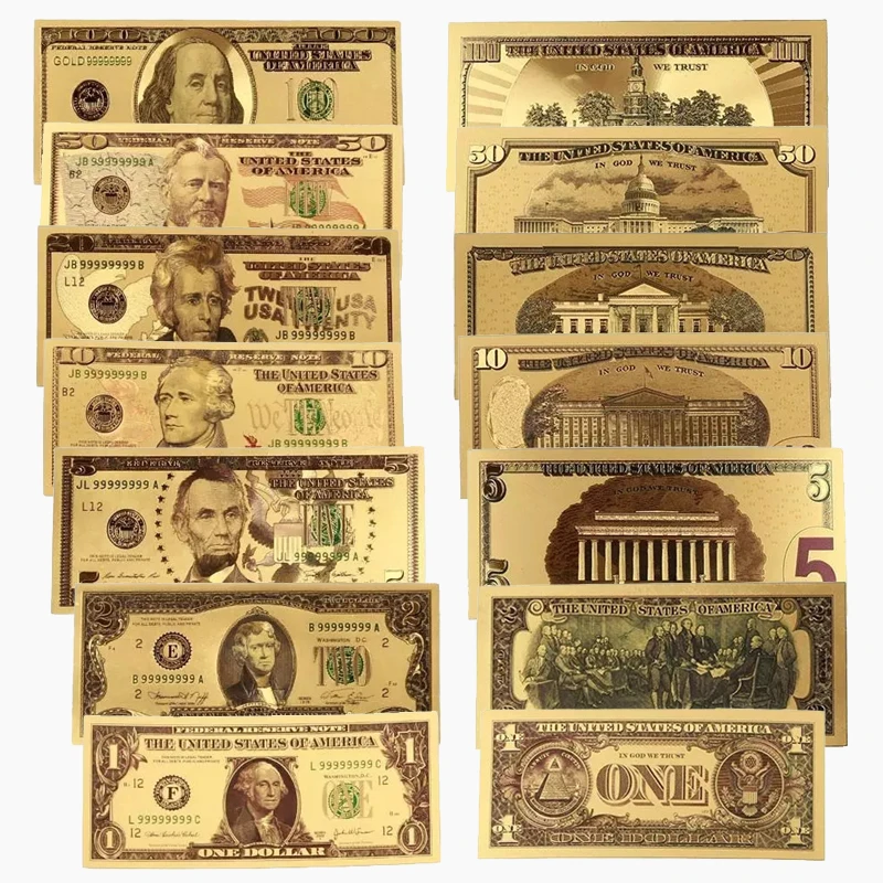 7PCS 100/50/20/10/5/2/1 Dollar Fake Money Prop USA Banknotes Bills Gold Plated Replica Currency April Fools' Day Kidding Gift