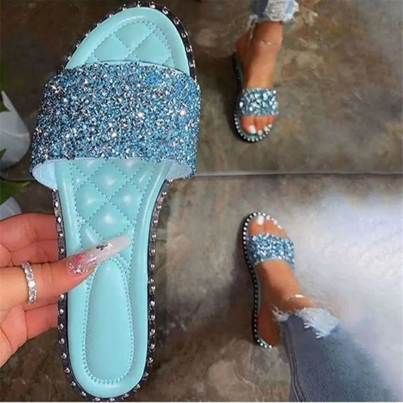 Women Bling Sequins Slippers Ladies Flat Casual Slides Open Toe Outside Soft Beach Shoes Summer Female Walking Footwear Hot