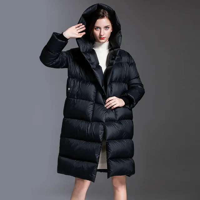 

Europe winter oversize fluffy 95% duck down coat female big pendulum over the knee thicker warm hooded duck down jacket F135