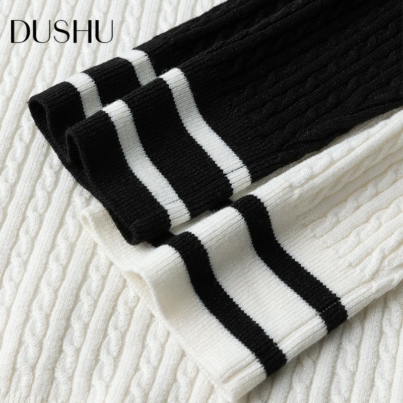 

DUSHU Plus size striped white knitted sweater Women long sleeve autumn black pollover Female slim elegant kniwear jumper top