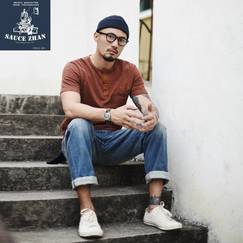 SauceZhan двухцветная футболка с двойным карманом Henry, Мужская футболка с коротким рукавом и контрастным воротником, Мужская футболка с коротким рукавом, футболки
