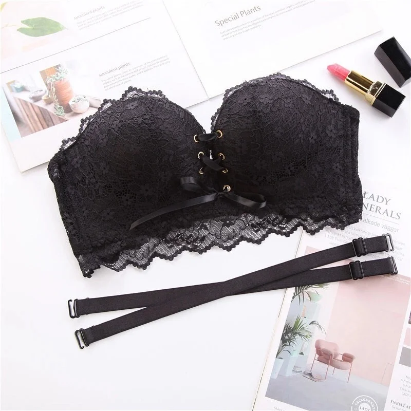 

Women Seamless Back Closure Lace Up Bra Drawstring Push Up Bras Sexy Lace Floral Padded Strapless Underwear Intimates Hot