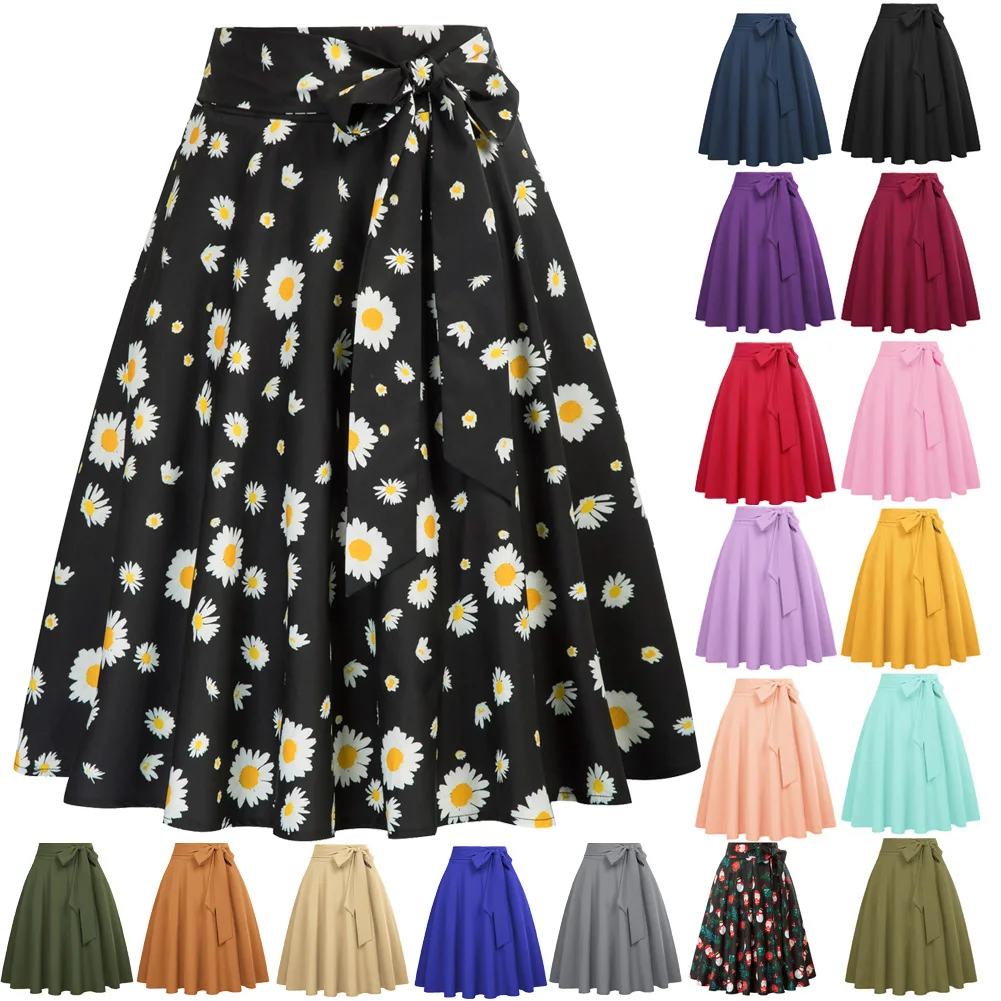 

Women Skirts Summer Solid Color High Waist Self-Tie Bow-Knot Embellished A-Line Skirt Retro Casual Knee Length New