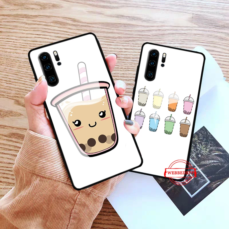 

Cartoon food pearl milk tea Glass Case for Huawei P10 lite P20 Pro P30 P Smart honor 7A 8X 9 10 Y6 Mate 20