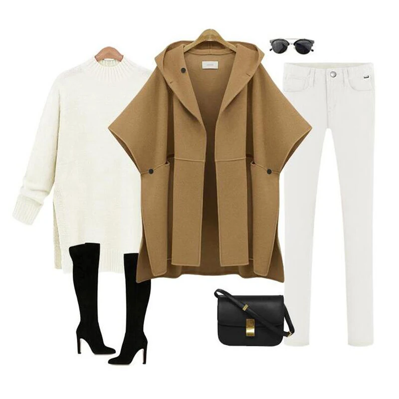 Женское повседневное пальто зимнее шерстяное с капюшоном свободная накидка