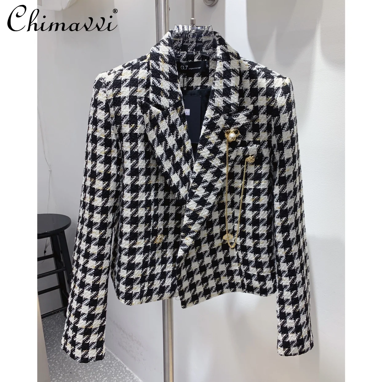 

2021 Korean Fashion Long Sleeve Plaid Coat French Houndstooth Slim Short Temperamental Jacket Women's Autumn and Winter Clothes