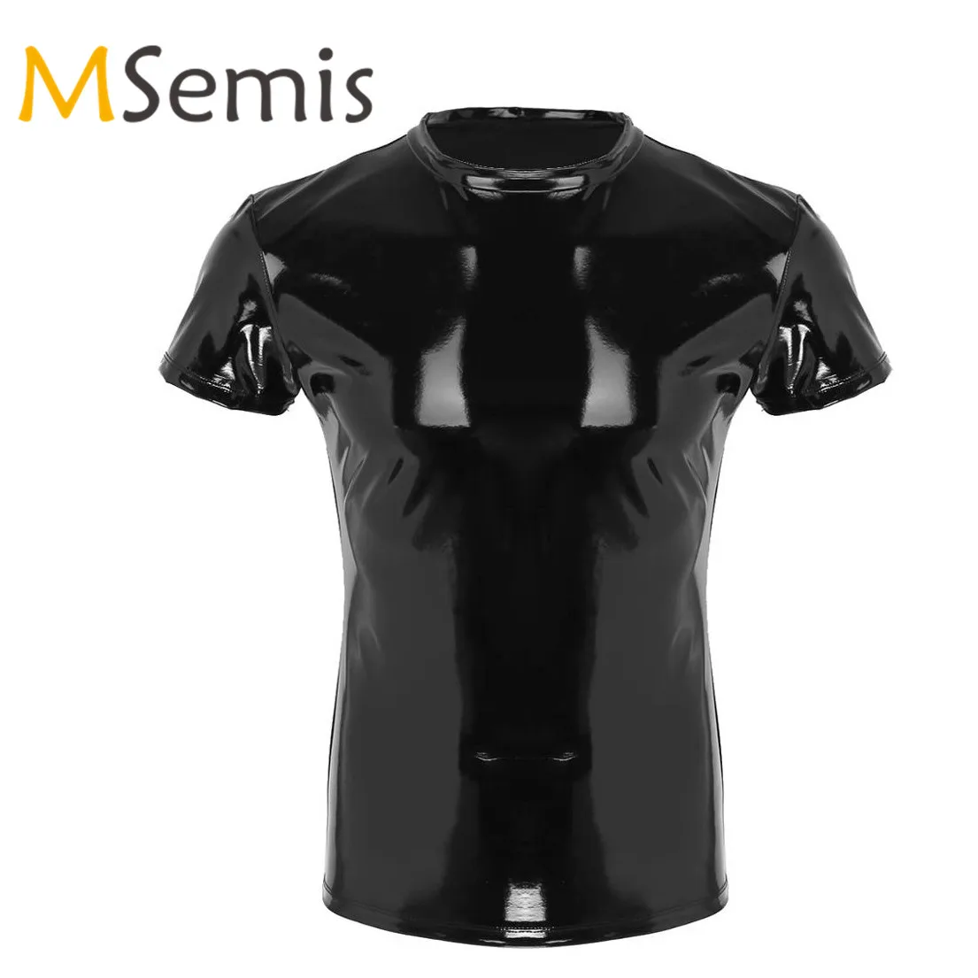 Мужская облегающая футболка кожаная майка с коротким рукавом и круглым вырезом