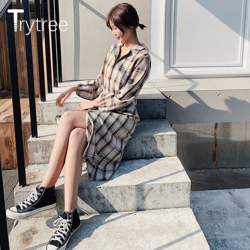 Весеннее женское платье Trytree 2020 повседневное однобортное клетчатое