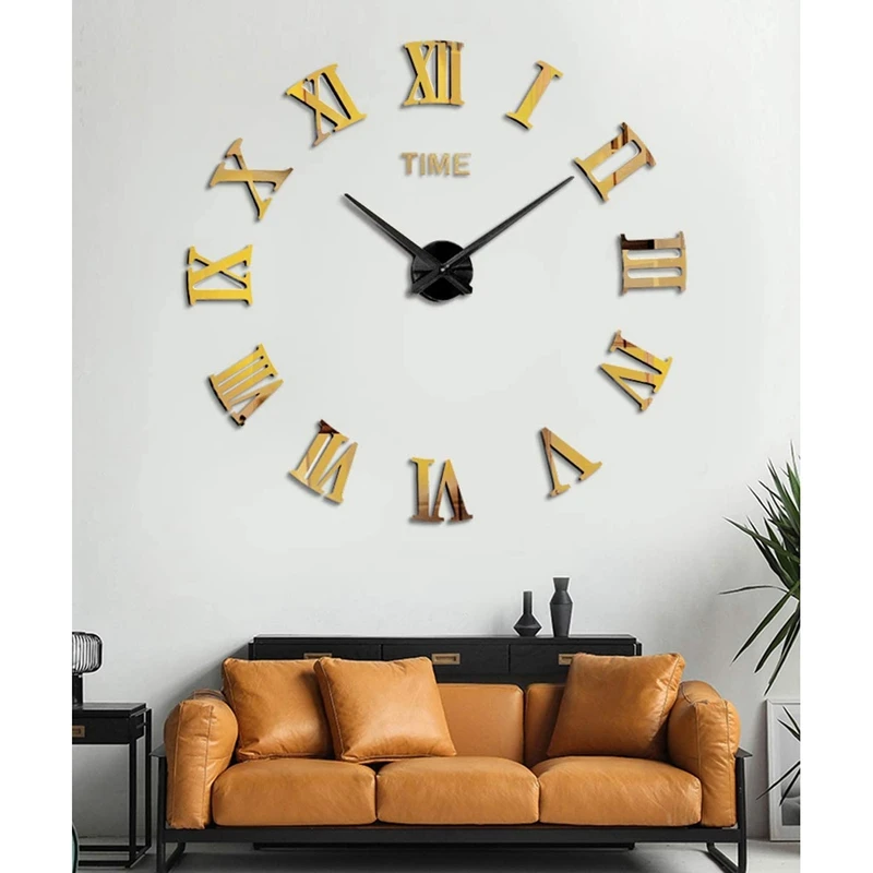 

Large DIY Wall Clock Kit, 3D Quartz Clocks with Mirror Roman Number for Home Living Bedroom Office Decor