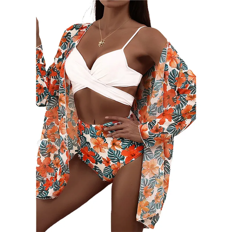 

2021 New Sexy 3Pcs Women Bikini Set With Beach Floral Printed Patchwork Biquini Swimwear Push Up Swimsuit Summer Bathing Suit