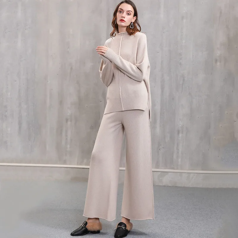 

YICIYA Two Piece Set Pullover Sweater Tracksuit Women High Waist Knit Wide Leg Pants Women Suit 2 Piece Set Women Winter 2021