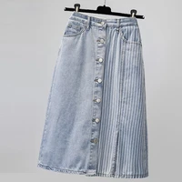 women fashion split mid calf length skirts casual stripe splicing denim skirts vintage oversize high waist jeans skirts faldas
