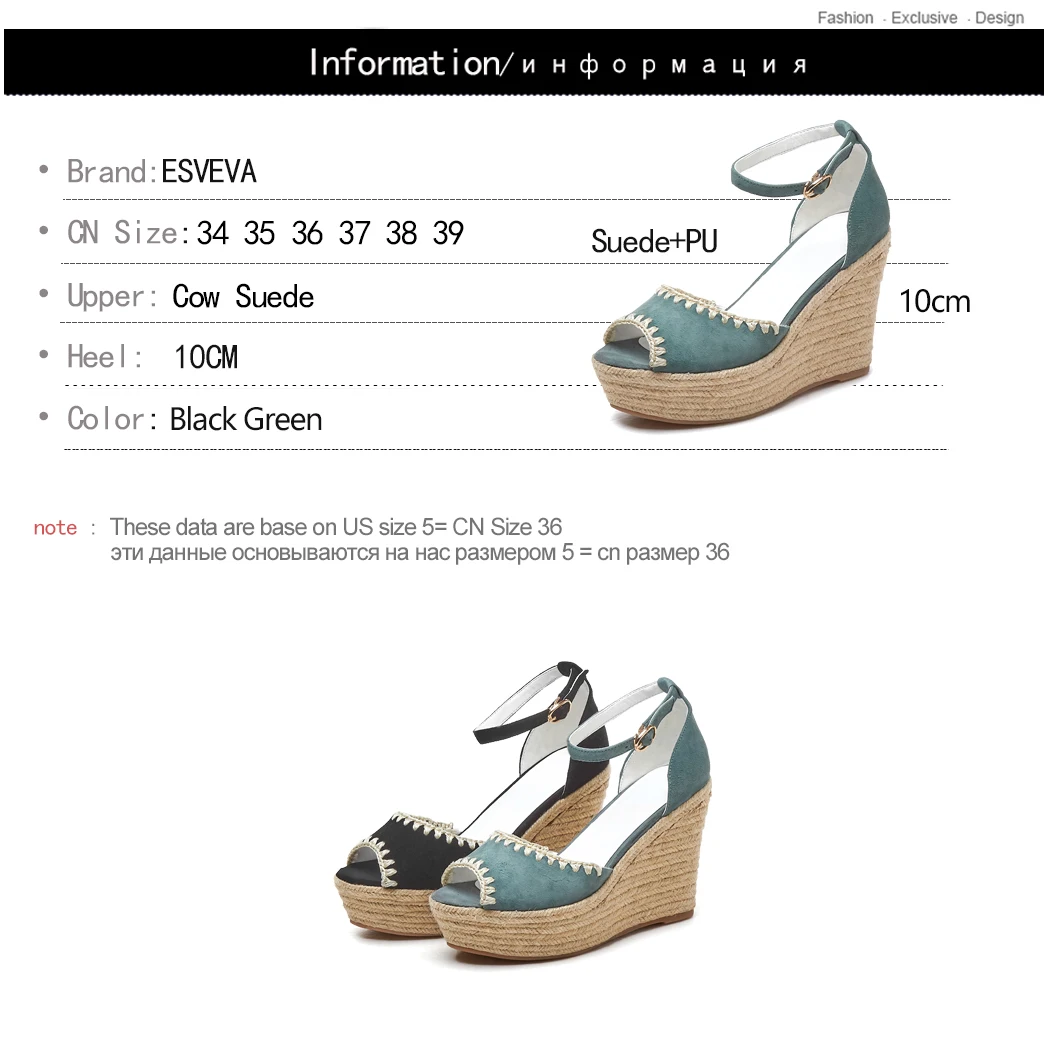 

ESVEVA 2019 Women Sandals PU+Kid Suede Wedge High Heel Mixed Color Peep Toe Buckle Fashion Slingback Shoes Size 34-39