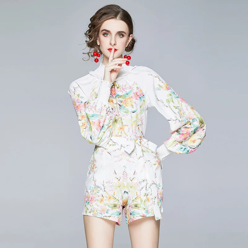 

Autumu Long Sleeve Multicolor Flower Printed Suit Set Womens Puff Sleeve Blouse + Lace-up Pocket Shorts Female Suits