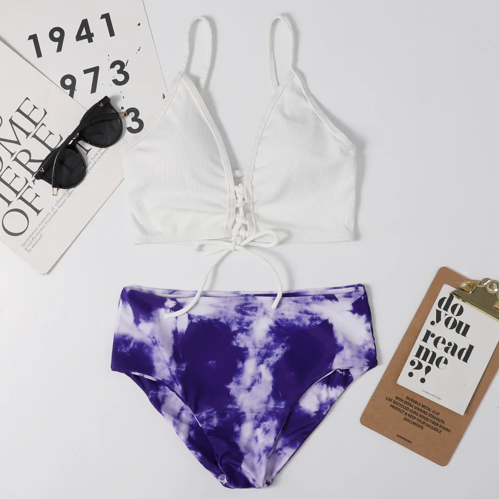 

Classic Print Women Bikini Swimwear V Neck 2 Peice Set Female Swimming Suit Bandage Design Fashion Tie Dye Bikini