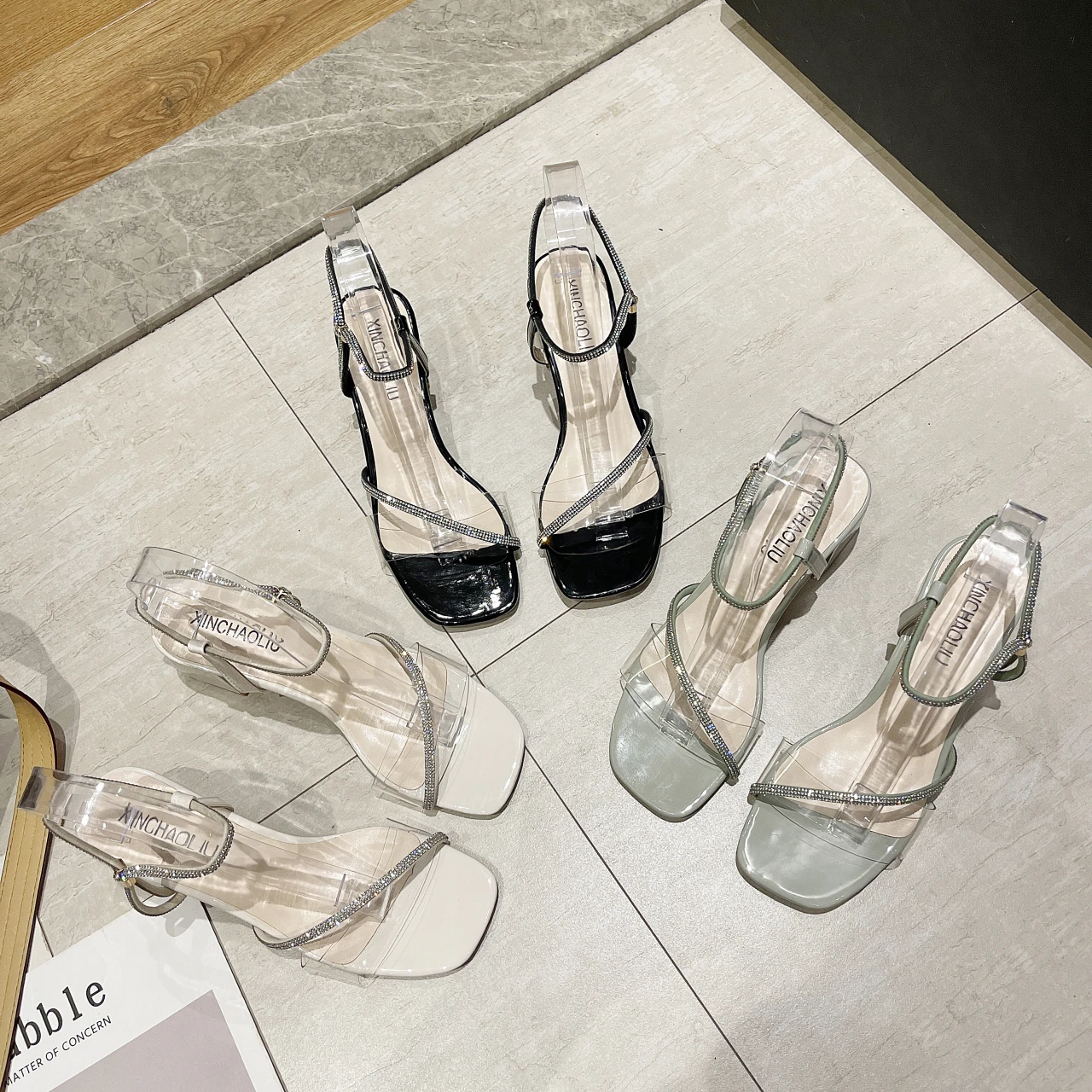 

Sandals women's mid-heel thick with square toe rhinestone transparent women's shoes 2021 summer new Korean women's shoes