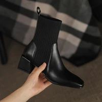 high heels women mid calf boots knitted elastic socks boots thick mid heel shoes for women pu leather solid color retro pumps