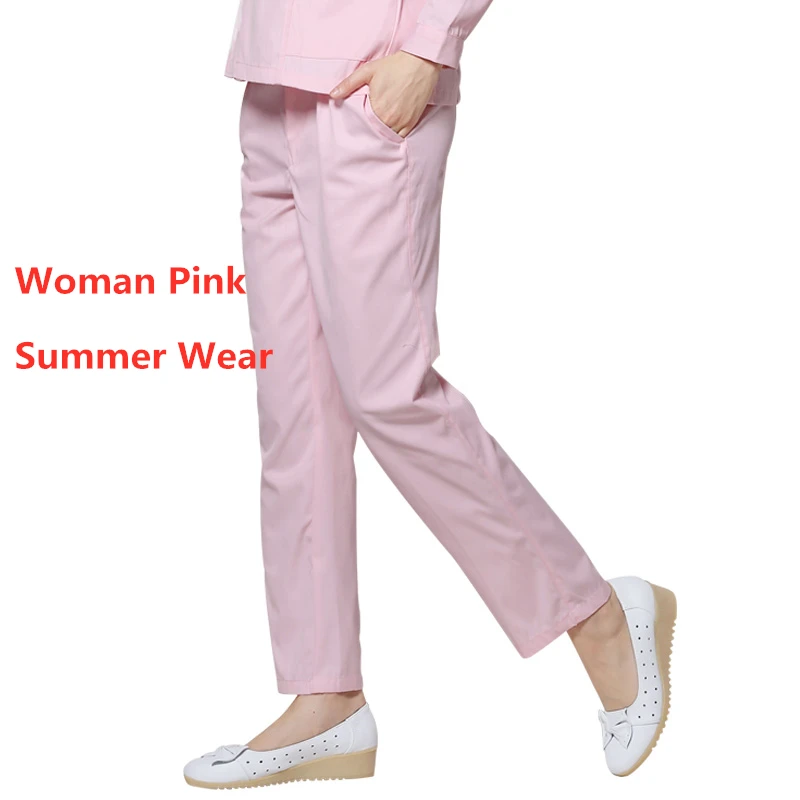 Woman Pink Summer Спецодежда медицинская Женская эластичная талия Больничная медсестра брюки хлопок зубные Скраб штаны для спа лето зима доктор уход низ - Цвет: Woman Pink Summer
